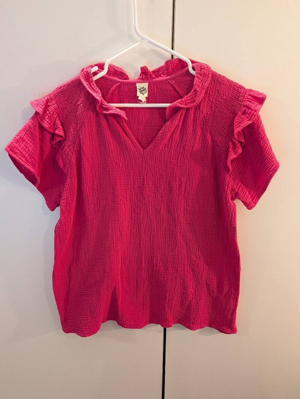 Ivy Jane Woman's Small Ruffled V-Neck Women’s Top in Bright Pink